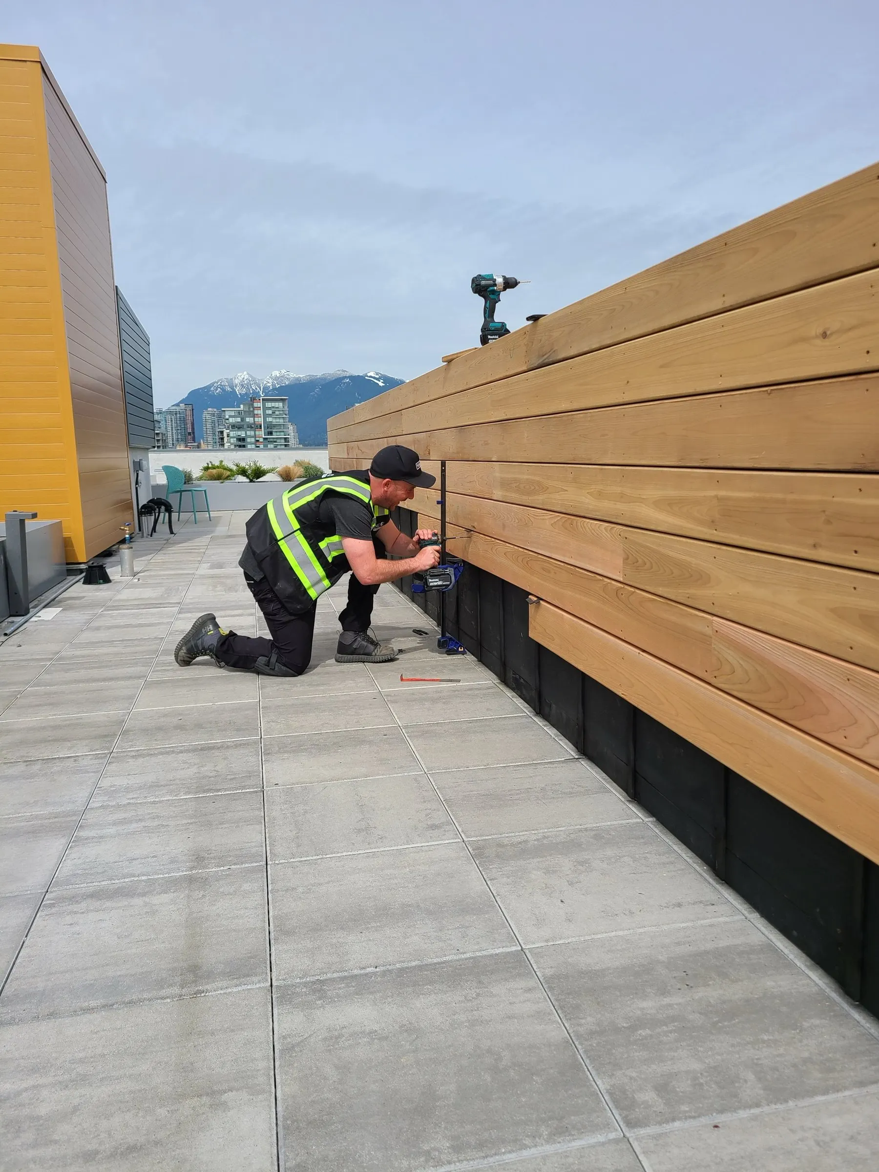 Cedar bench install — Rooftop terrace